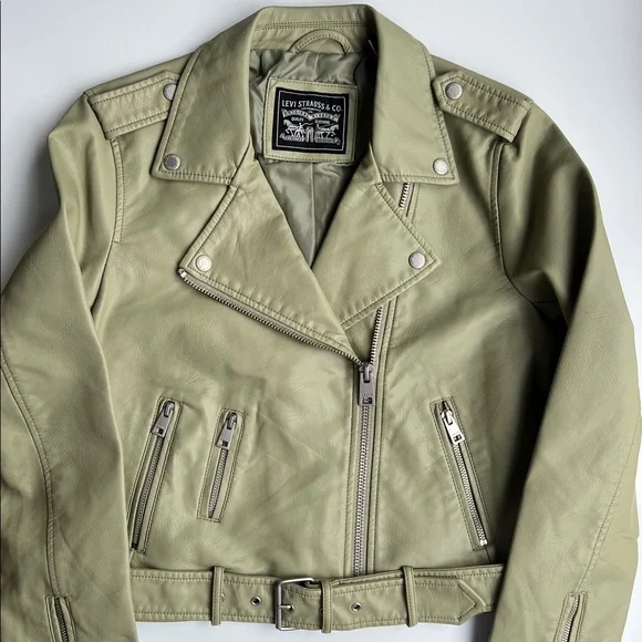 NWT Levi’s Faux Leather Belted Moto Jacket - Sage Green Size S - Picture 15 of 16